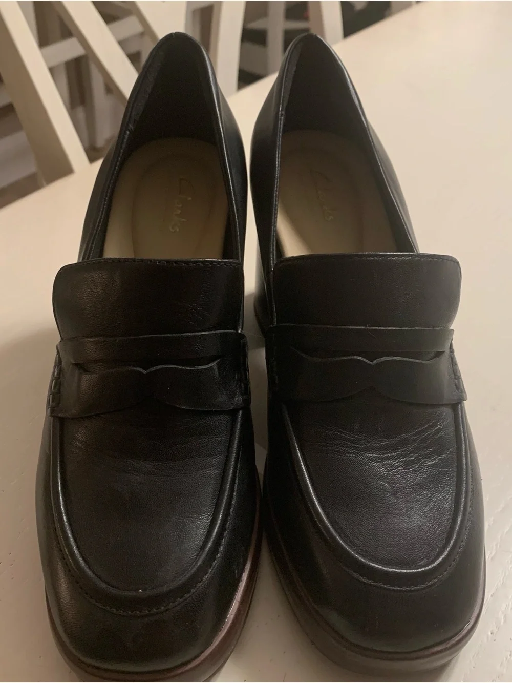 Clarks Black Leather Penny Loafers with Stacked Heel